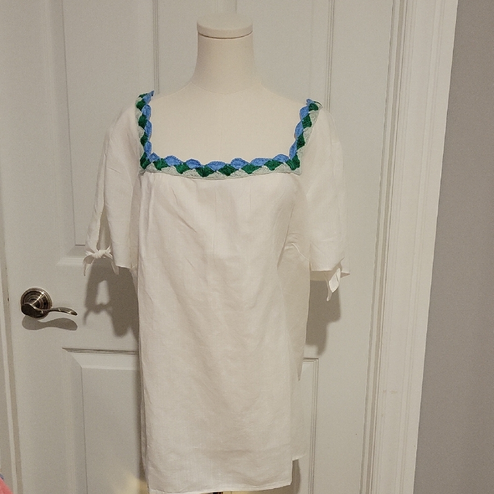 Talbots White Blouse with Blue and Green Trim